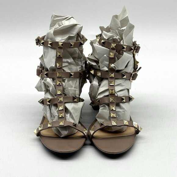 Kaitlyn Pan Beige Nude Leather Rockstud Caged Heeled Sandals Women's Size 6.5M - Picture 4 of 11